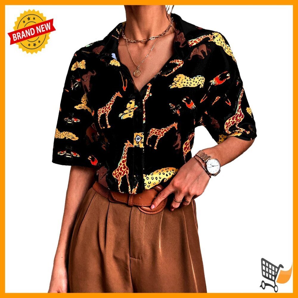 Short Sleeve Button Down Shirt Polyester Boho Casual Print Top Chic